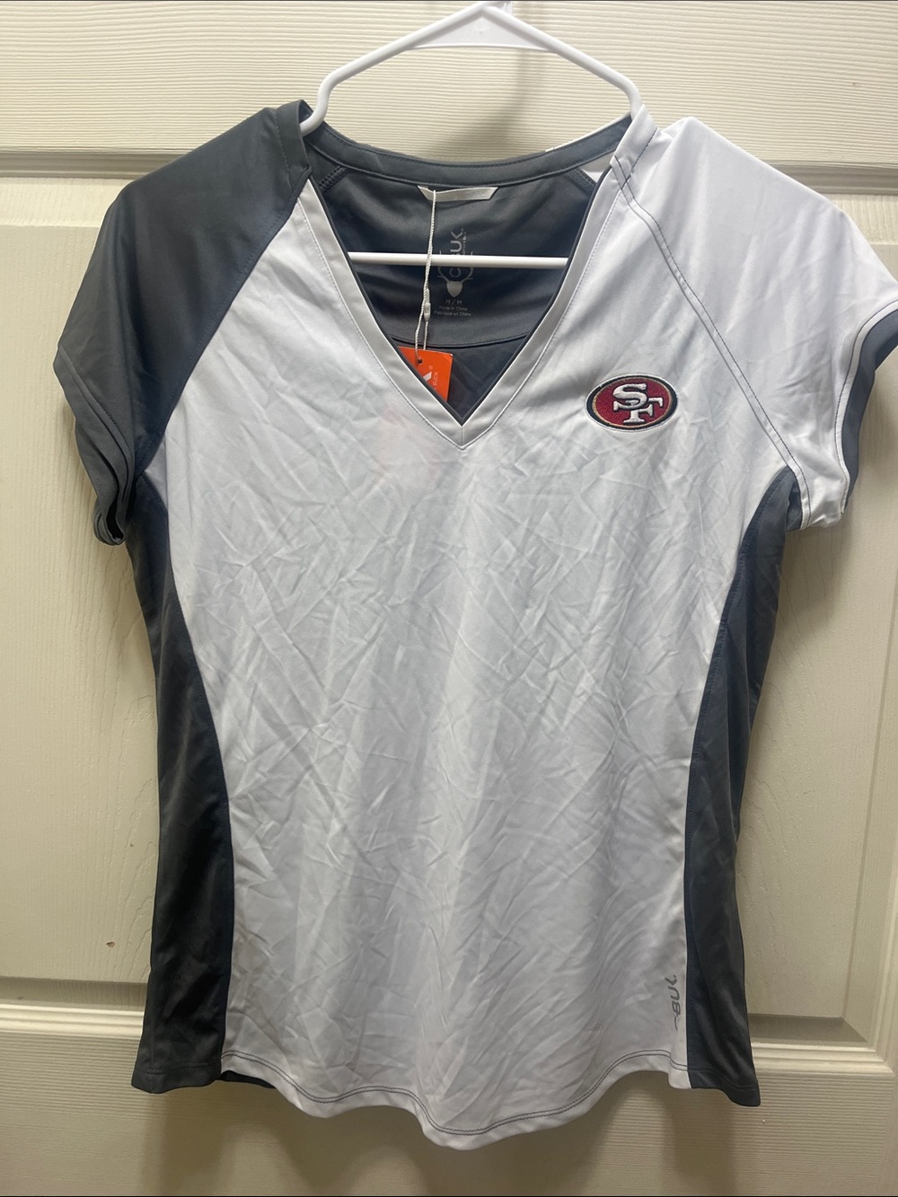 Cutter & Buck Women's V-Neck Jersey in White and Gray with 49ers Team Crest